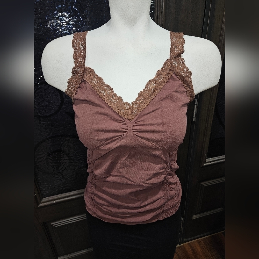 Charlotte Russe Brown Baby Tee Muscle Tank Top Y2K Vintage Lace V-Neck. Size M/L